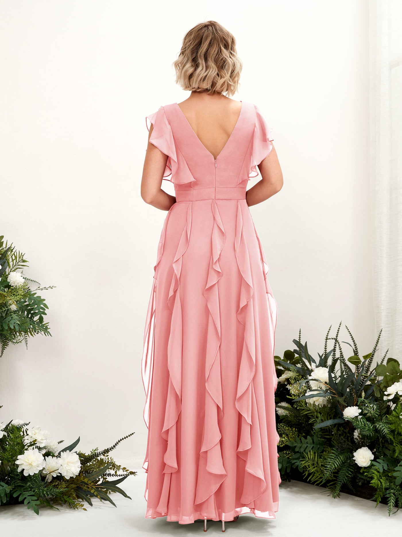 Carlyna Escote en V Hasta el Suelo Fruncido Vestido de Dama de Honor Rosa Ballet #color_rosa-ballet