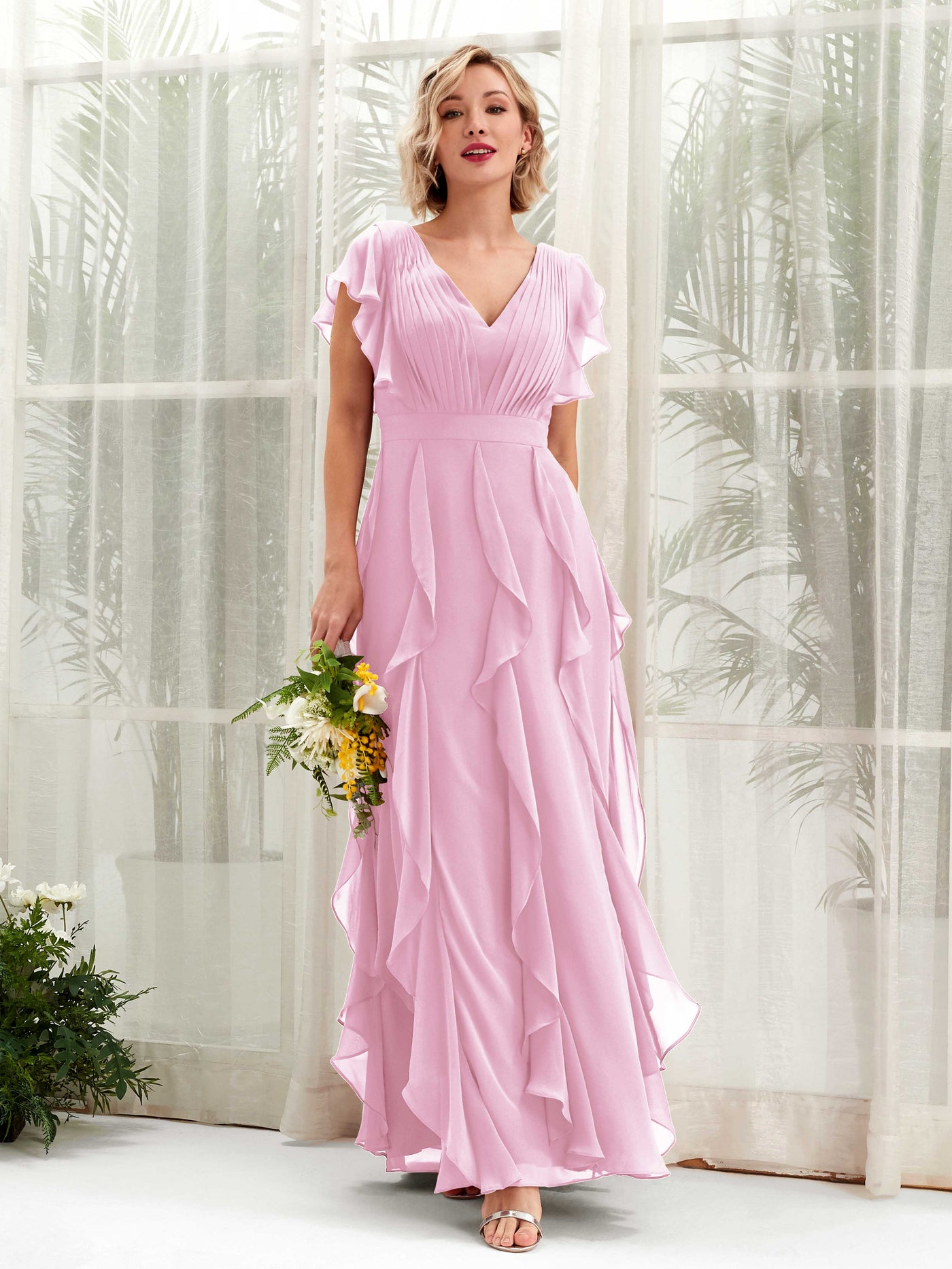 Carlyna Escote en V Hasta el Suelo Fruncido Vestido de Dama de Honor Rosa Caramelo #color_rosa-caramelo