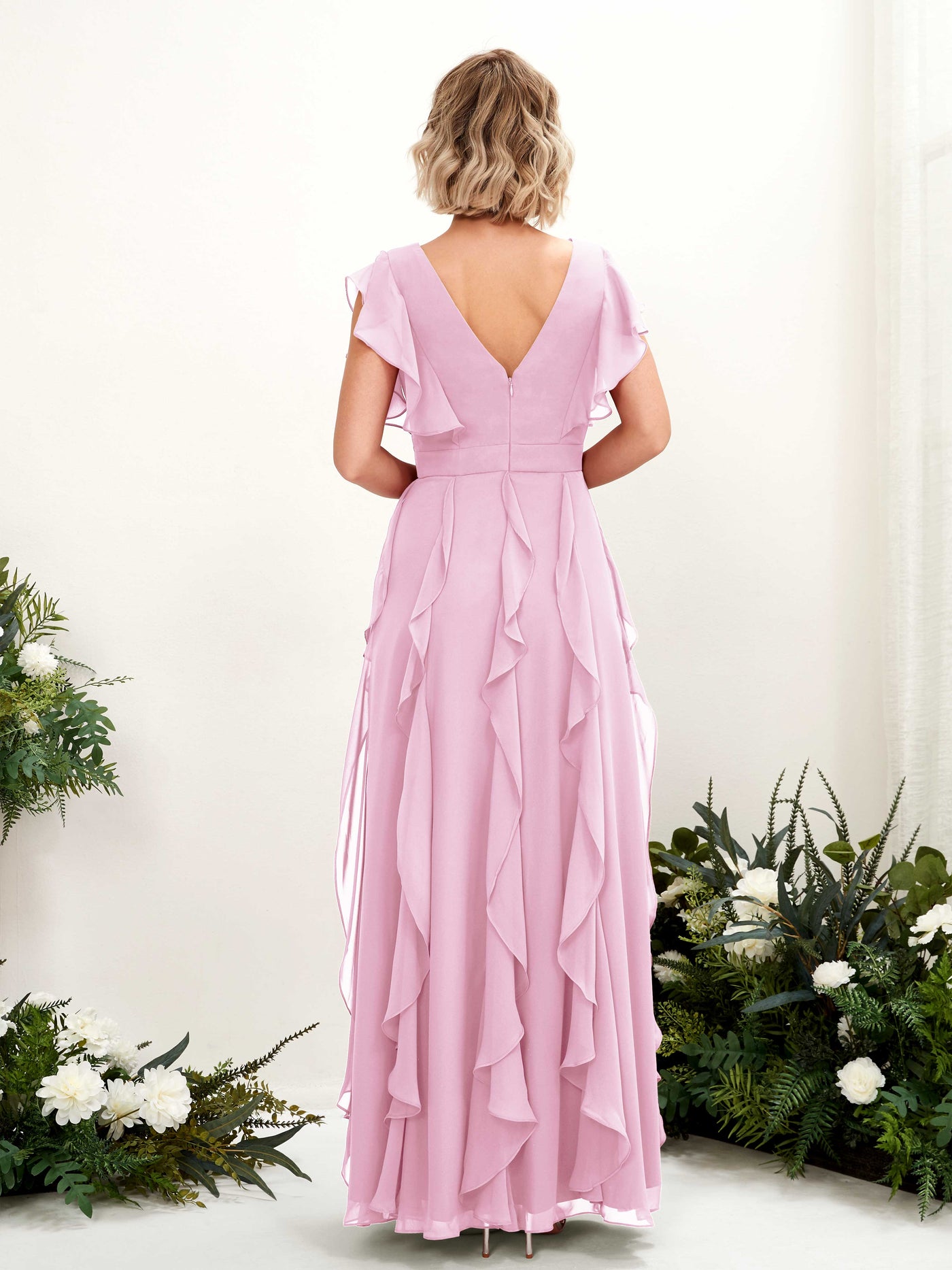 Carlyna Escote en V Hasta el Suelo Fruncido Vestido de Dama de Honor Rosa Caramelo #color_rosa-caramelo