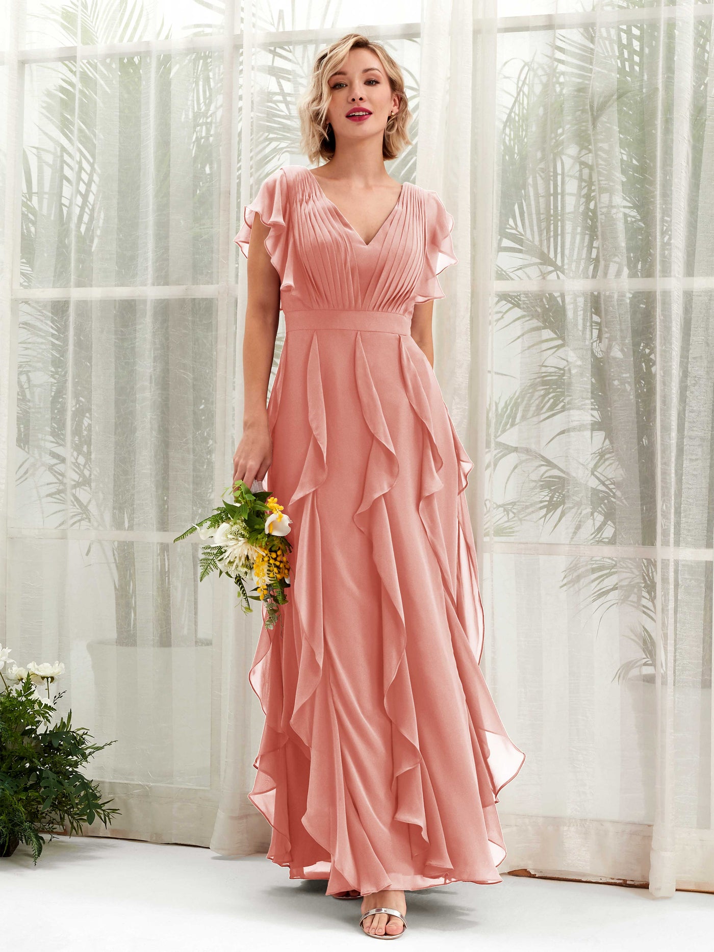 Carlyna Escote en V Hasta el Suelo Fruncido Vestido de Dama de Honor Rosa Champán #color_rosa-champ-n