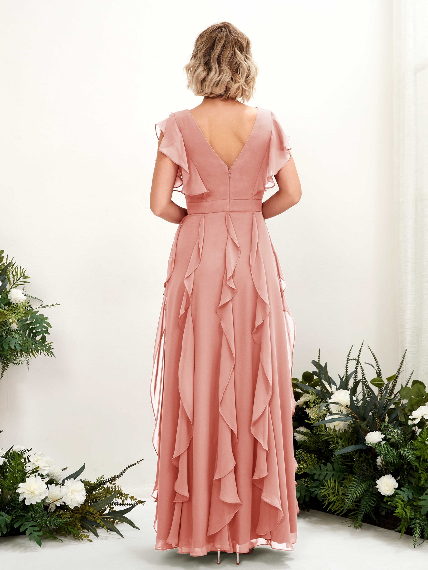 Carlyna Escote en V Hasta el Suelo Fruncido Vestido de Dama de Honor Rosa Champán #color_rosa-champ-n