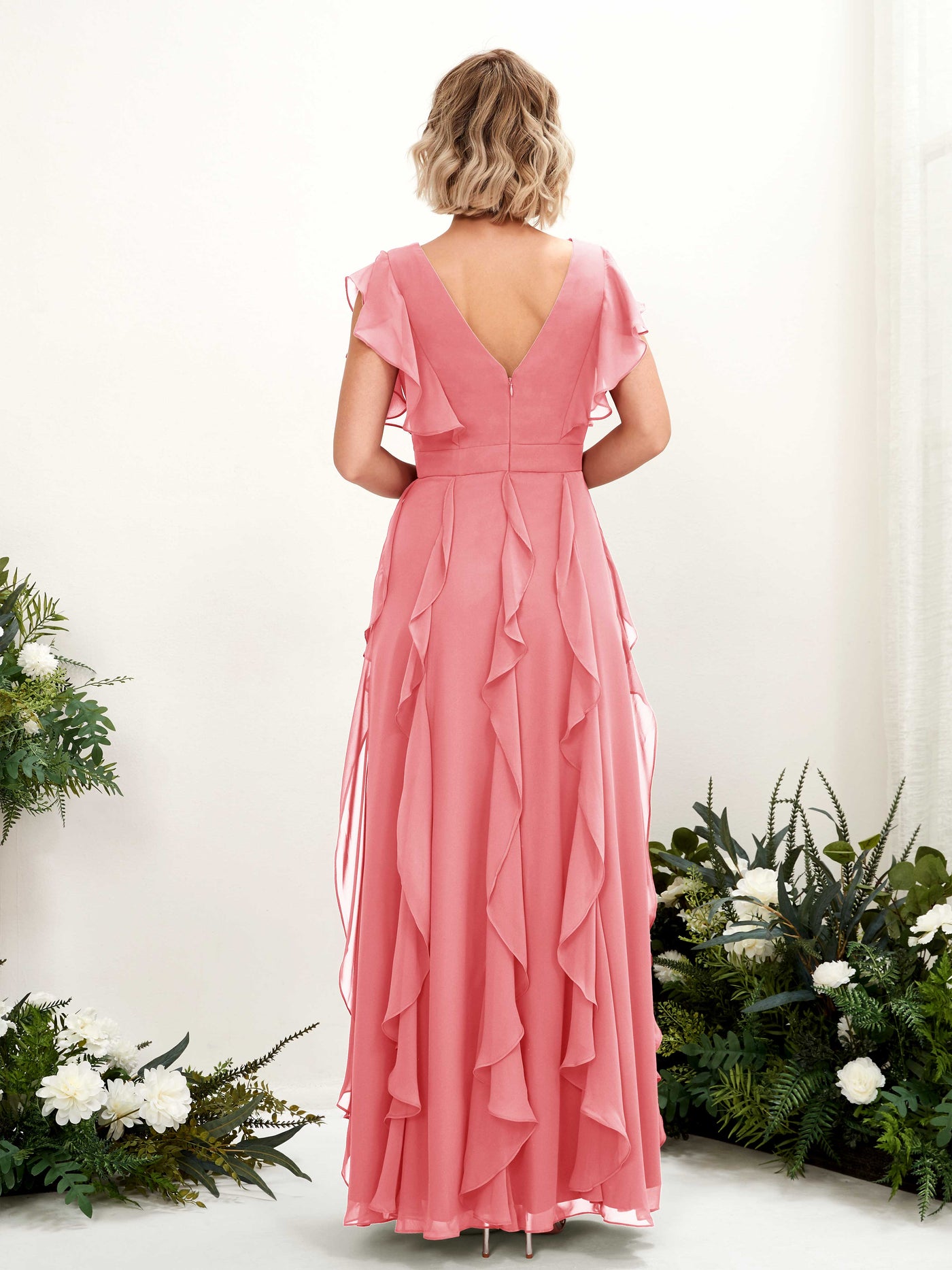 Carlyna Escote en V Hasta el Suelo Fruncido Vestido de Dama de Honor Rosa Coral #color_rosa-coral