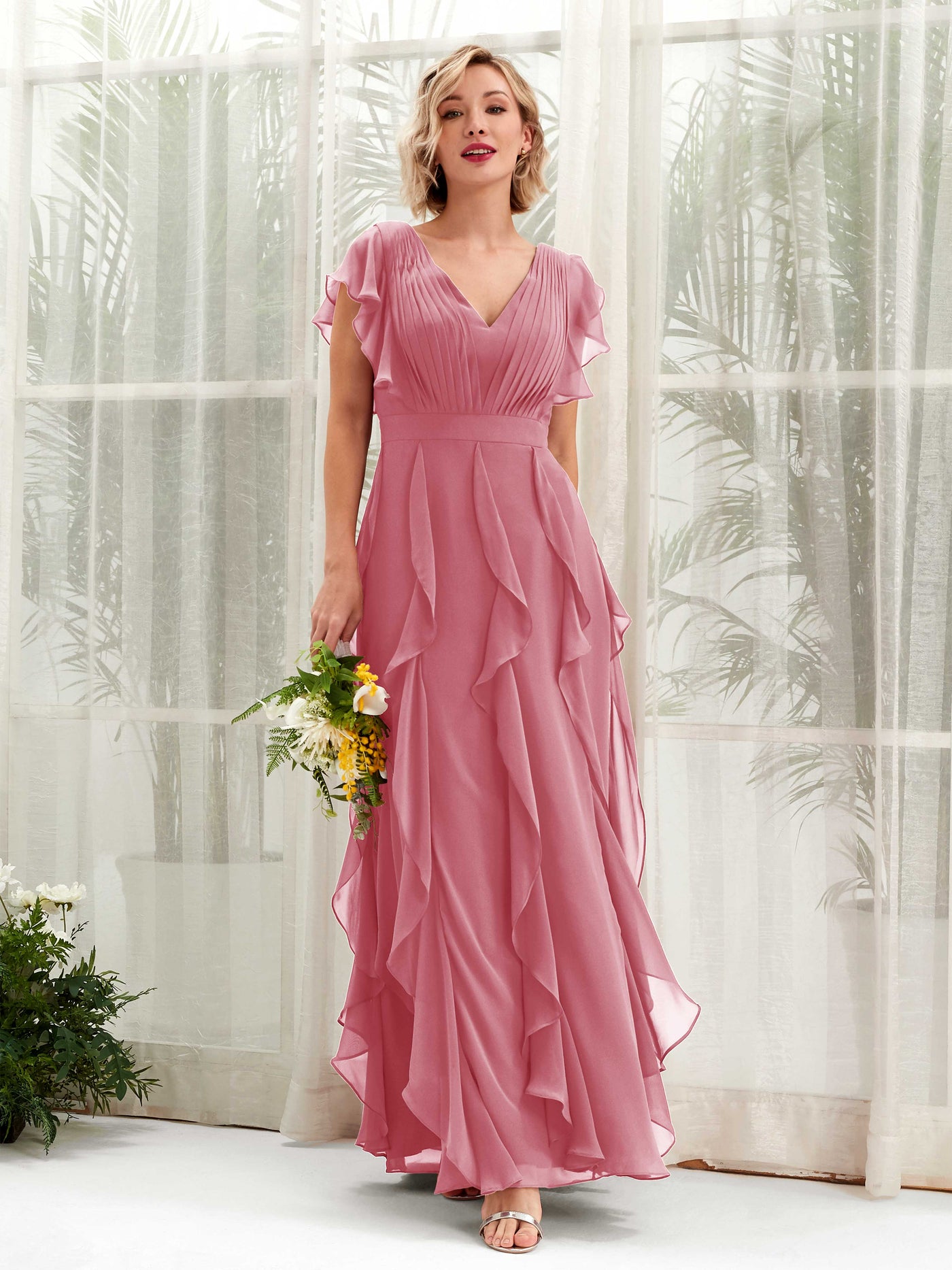 Carlyna Escote en V Hasta el Suelo Fruncido Vestido de Dama de Honor Rosa Del Desierto #color_rosa-del-desierto