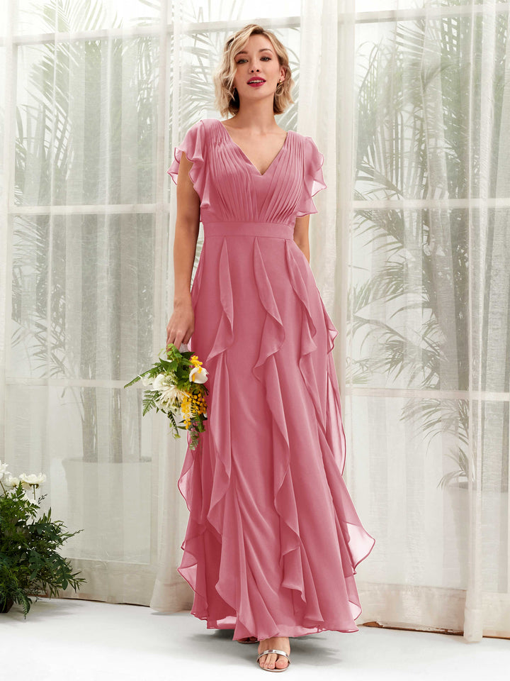 Carlyna Escote en V Hasta el Suelo Fruncido Vestido de Dama de Honor Rosa Del Desierto 