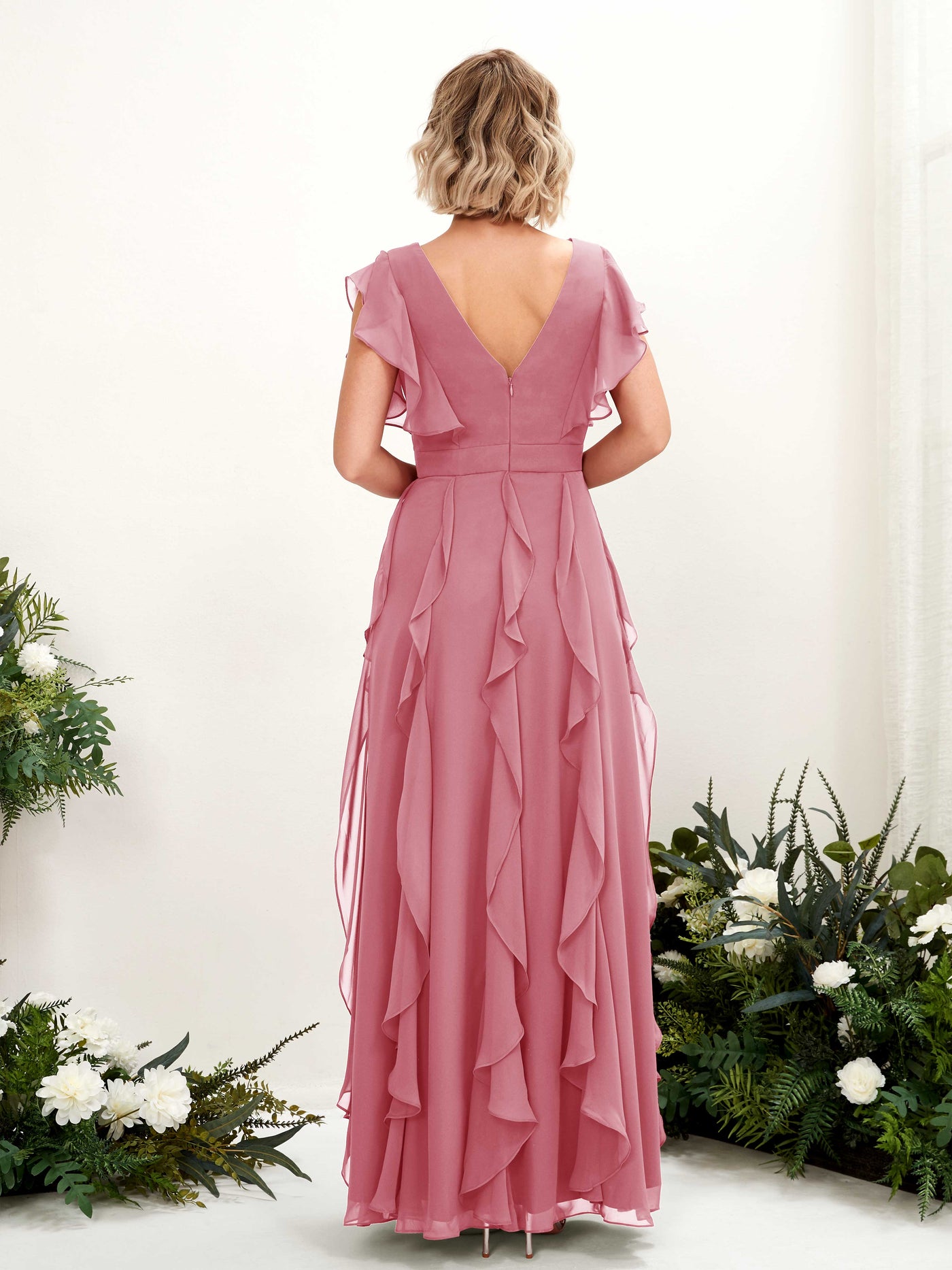 Carlyna Escote en V Hasta el Suelo Fruncido Vestido de Dama de Honor Rosa Del Desierto #color_rosa-del-desierto