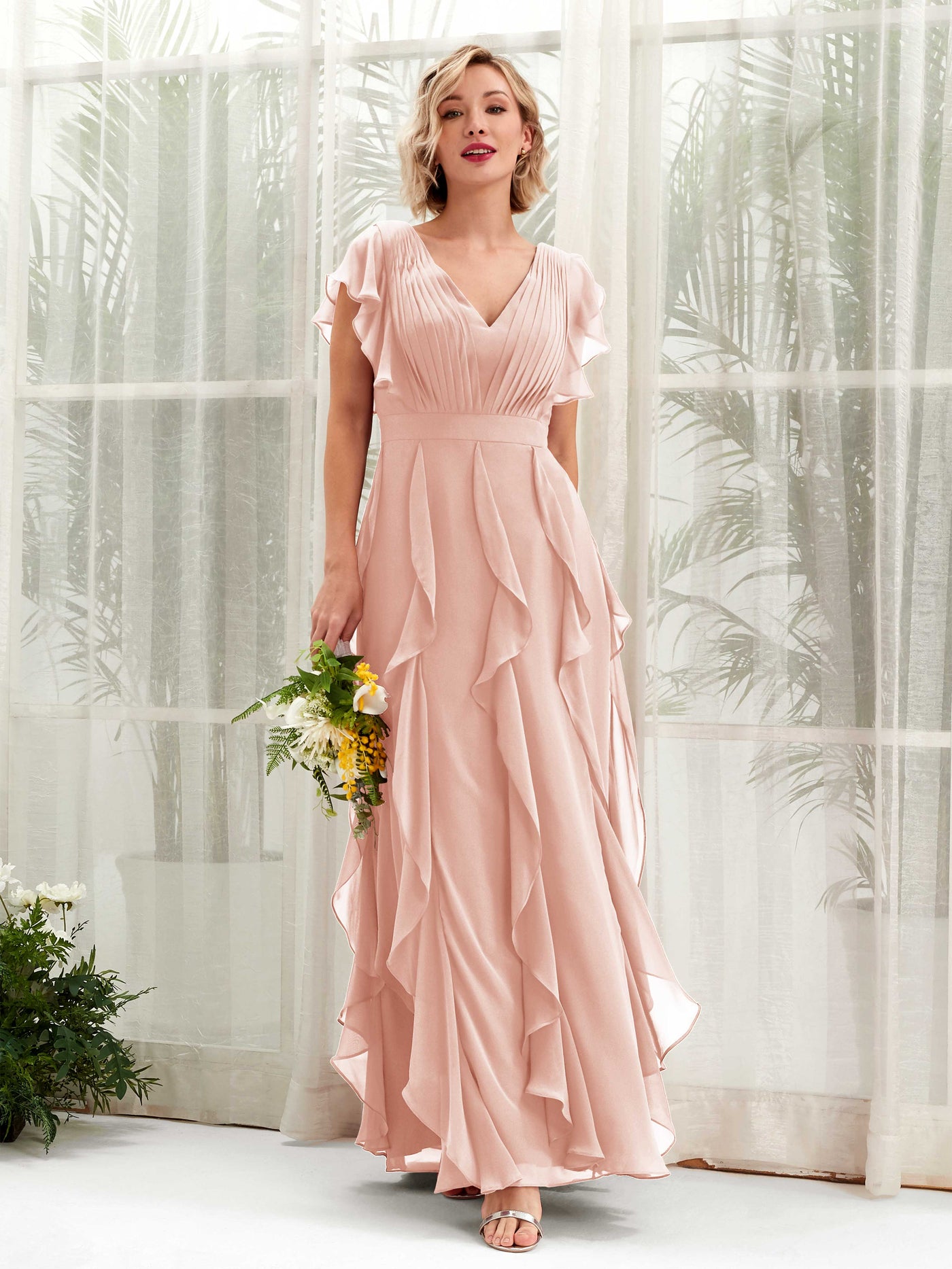 Carlyna Escote en V Hasta el Suelo Fruncido Vestido de Dama de Honor Rosa Perla #color_rosa-perla