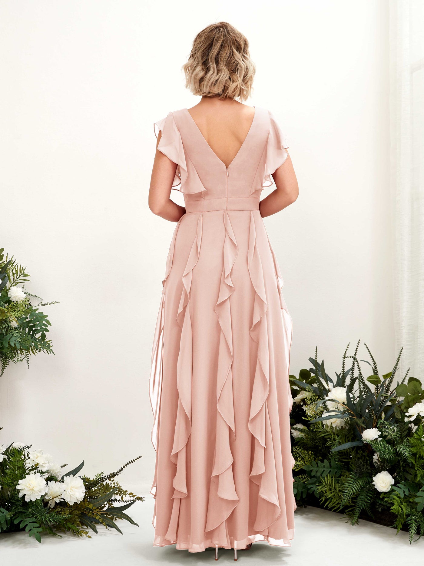 Carlyna Escote en V Hasta el Suelo Fruncido Vestido de Dama de Honor Rosa Perla #color_rosa-perla