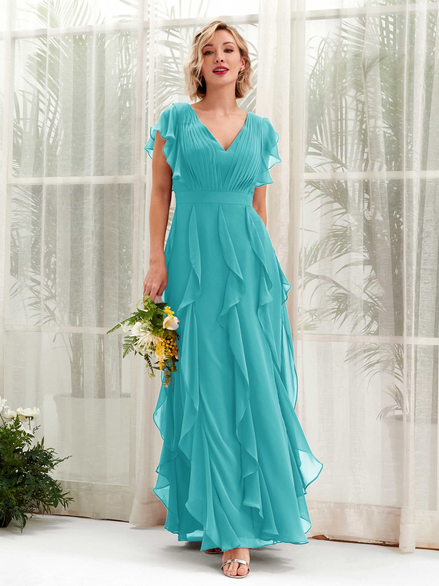 Carlyna Escote en V Hasta el Suelo Fruncido Vestido de Dama de Honor Turquesa #color_turquesa