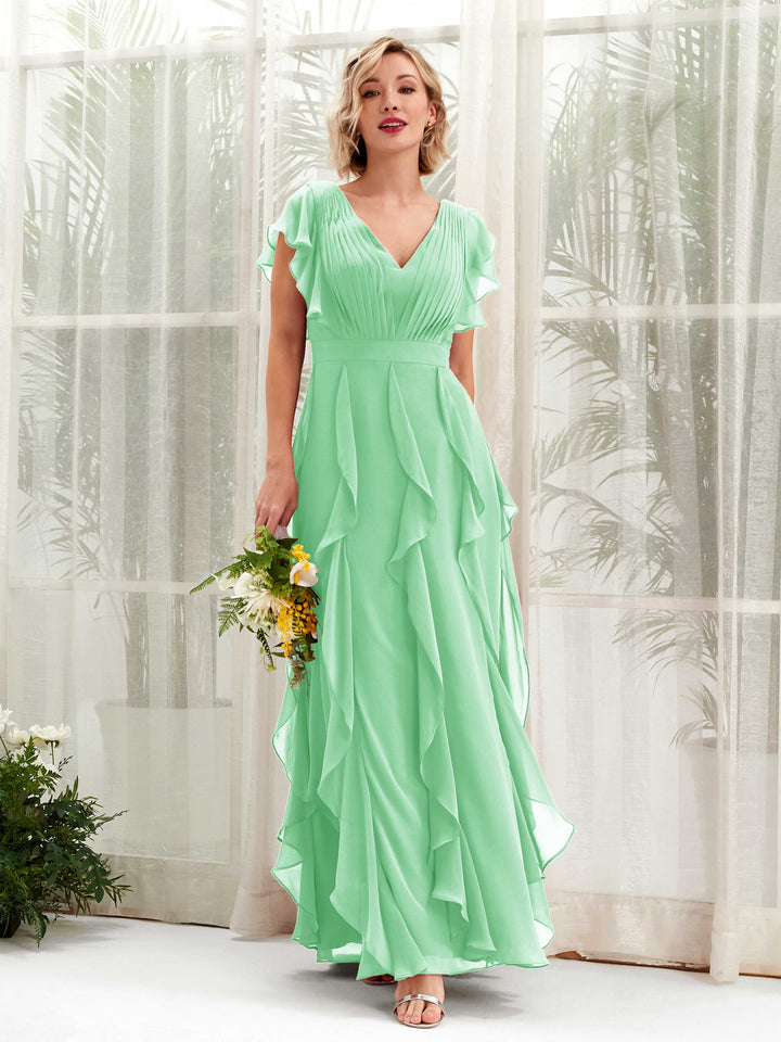 Carlyna Escote en V Hasta el Suelo Fruncido Vestido de Dama de Honor Verde Menta 