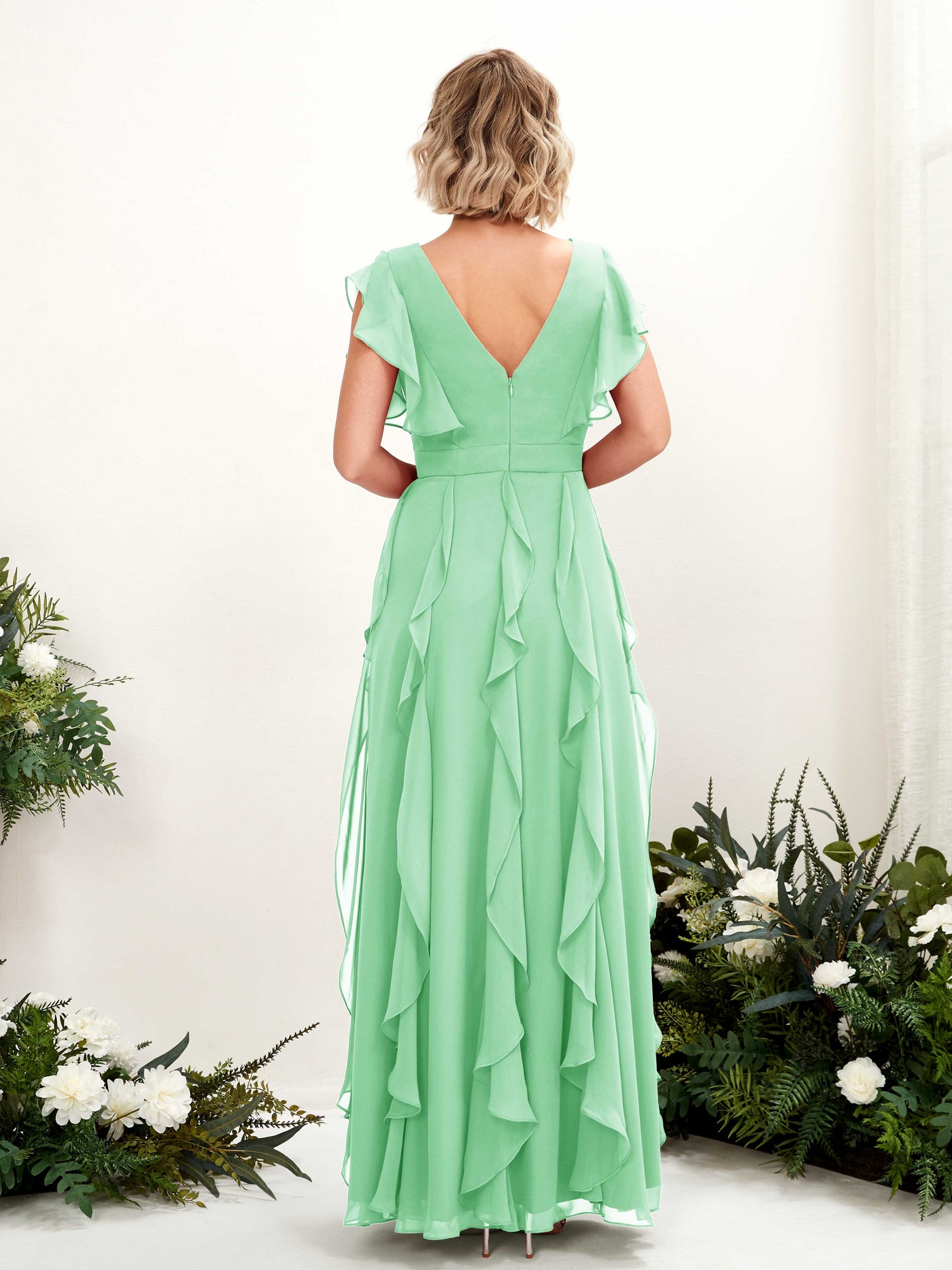 Carlyna Escote en V Hasta el Suelo Fruncido Vestido de Dama de Honor Verde Menta #color_verde-menta