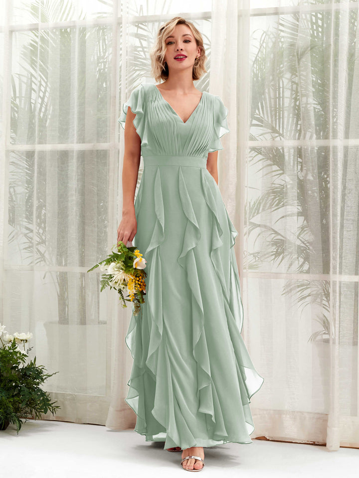 Carlyna Escote en V Hasta el Suelo Fruncido Vestido de Dama de Honor Verde Salvia 