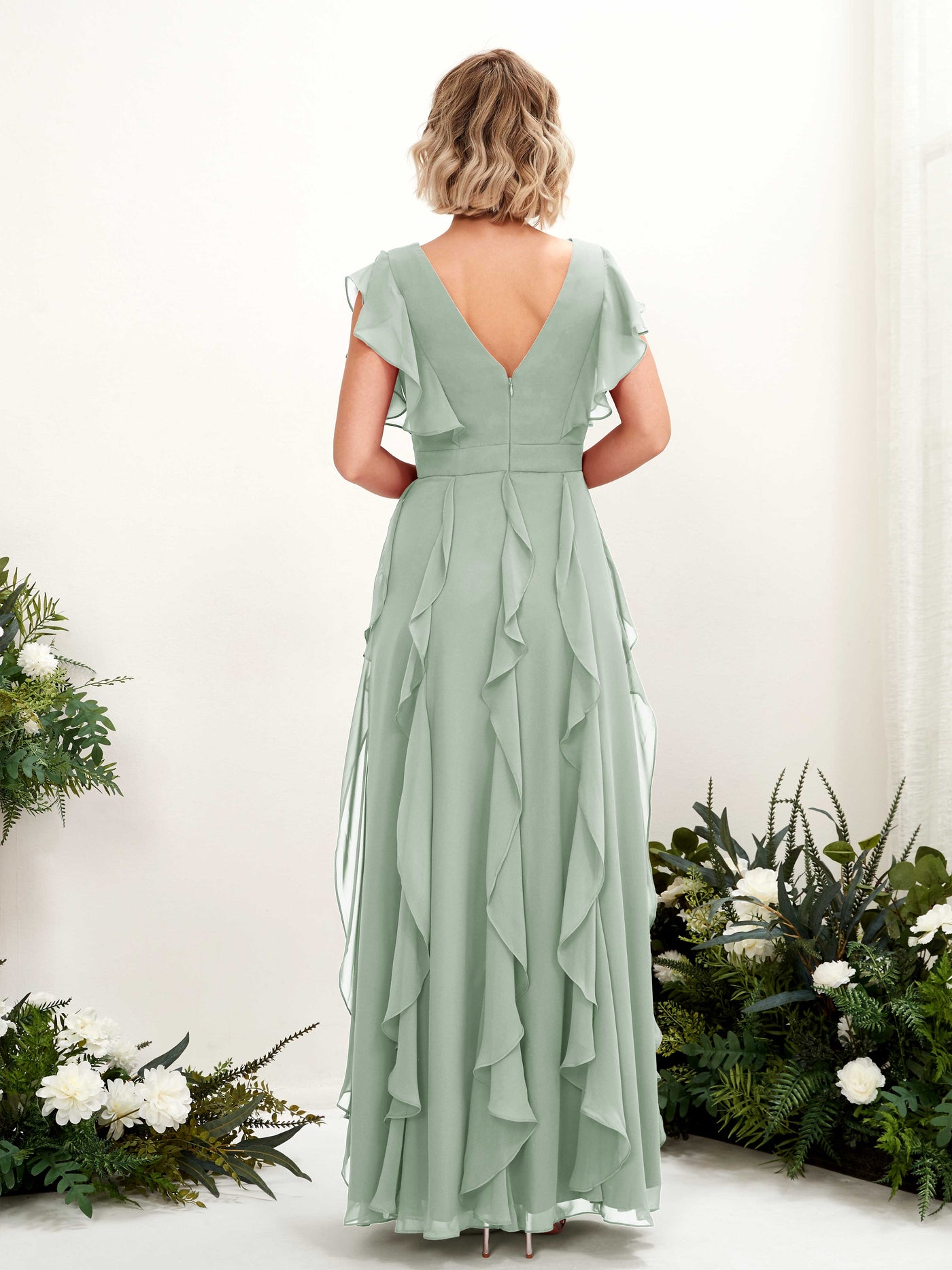 Carlyna Escote en V Hasta el Suelo Fruncido Vestido de Dama de Honor Verde Salvia #color_verde-salvia