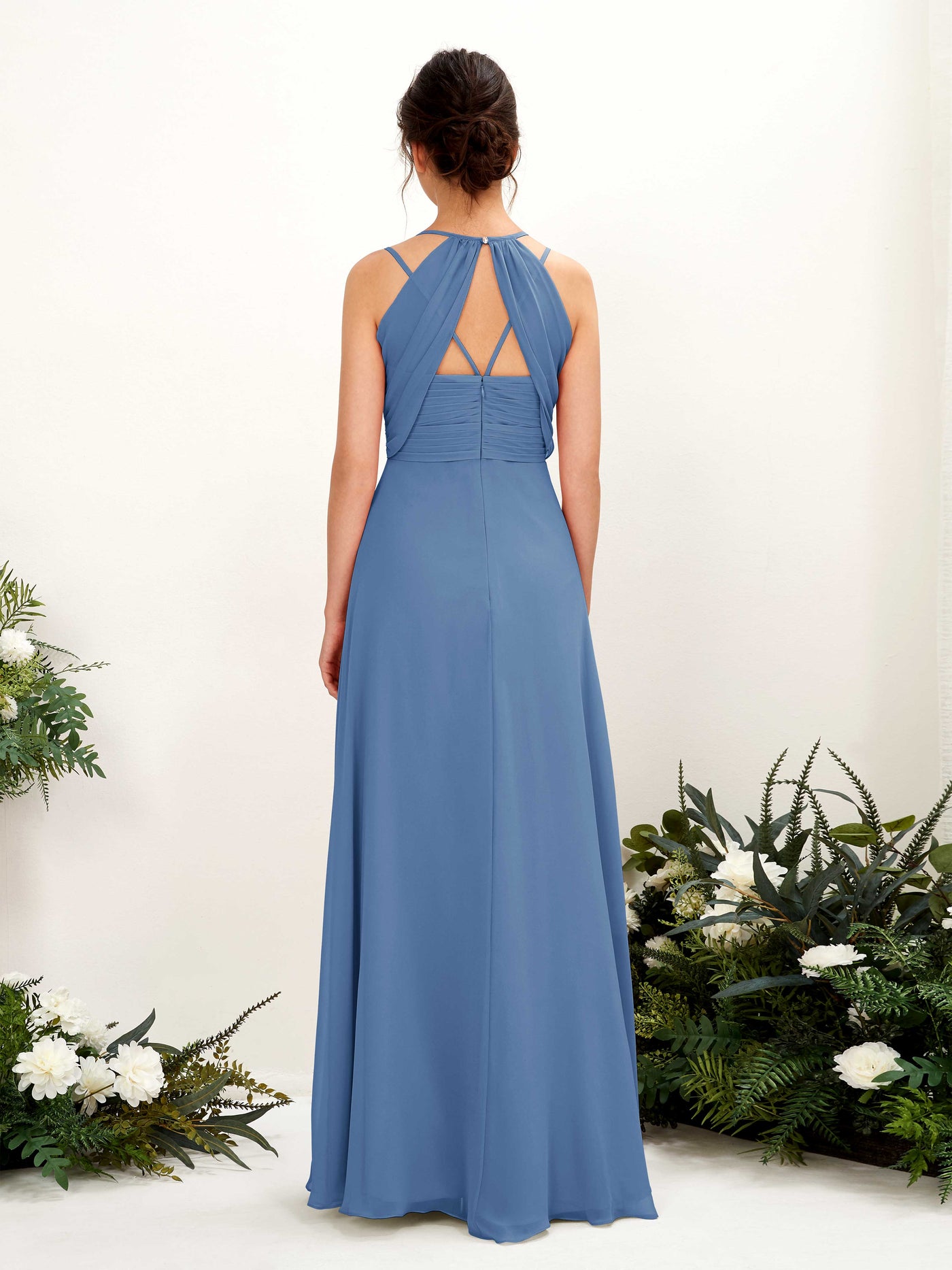 Carlyna Línea A Hasta el suelo Escote en V Cuello halter Vestidos de dama de honor Azul polvoriento #color_azul-polvoriento