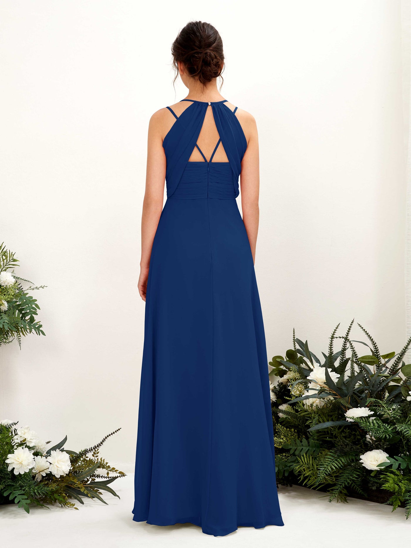 Carlyna Línea A Hasta el suelo Escote en V Cuello halter Vestidos de dama de honor Azul Real #color_azul-real