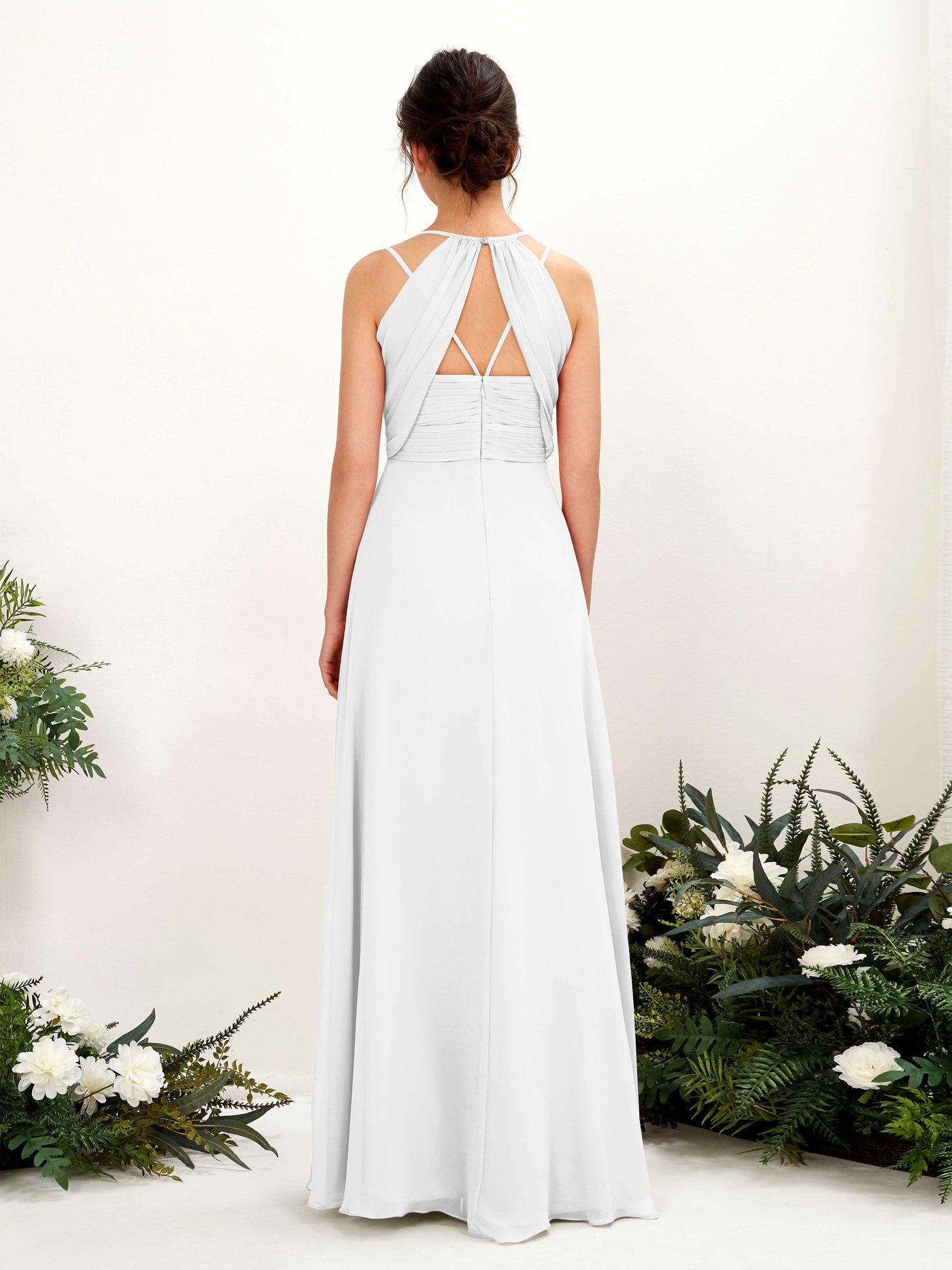 Carlyna Línea A Hasta el suelo Escote en V Cuello halter Vestidos de dama de honor Blanco #color_blanco
