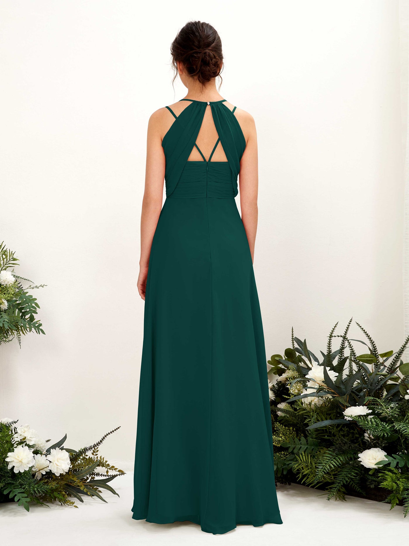 Carlyna Línea A Hasta el suelo Escote en V Cuello halter Vestidos de dama de honor Esmeralda Oscuro #color_esmeralda-oscuro