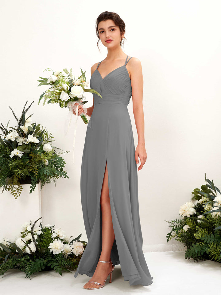 Carlyna Línea A Hasta el suelo Escote en V Cuello halter Vestidos de dama de honor Gris Acero 