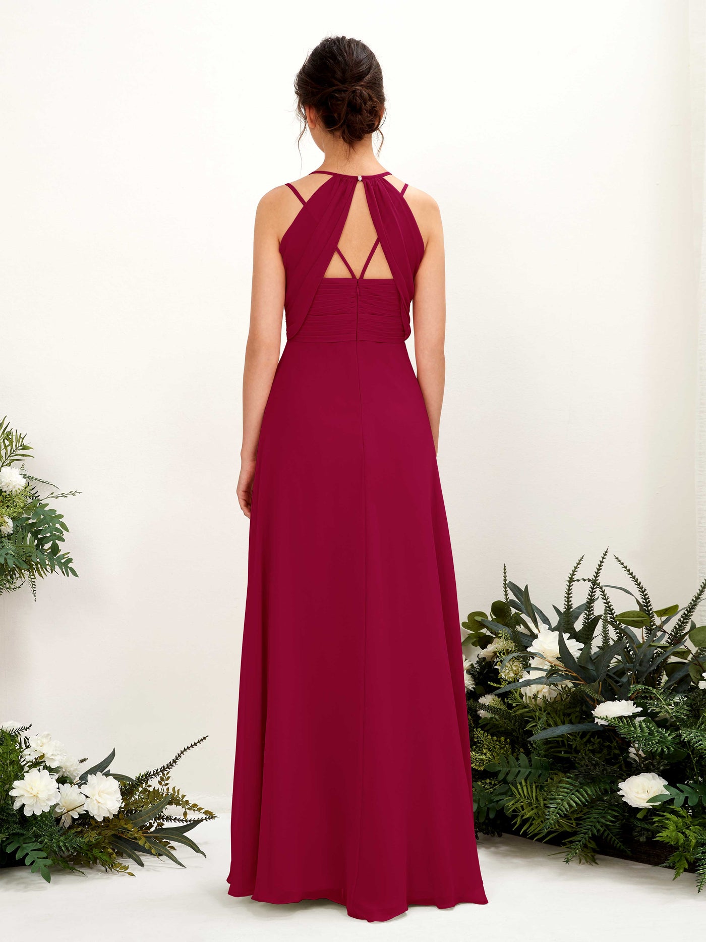 Carlyna Línea A Hasta el suelo Escote en V Cuello halter Vestidos de dama de honor Rojo Bufón #color_rojo-buf-n