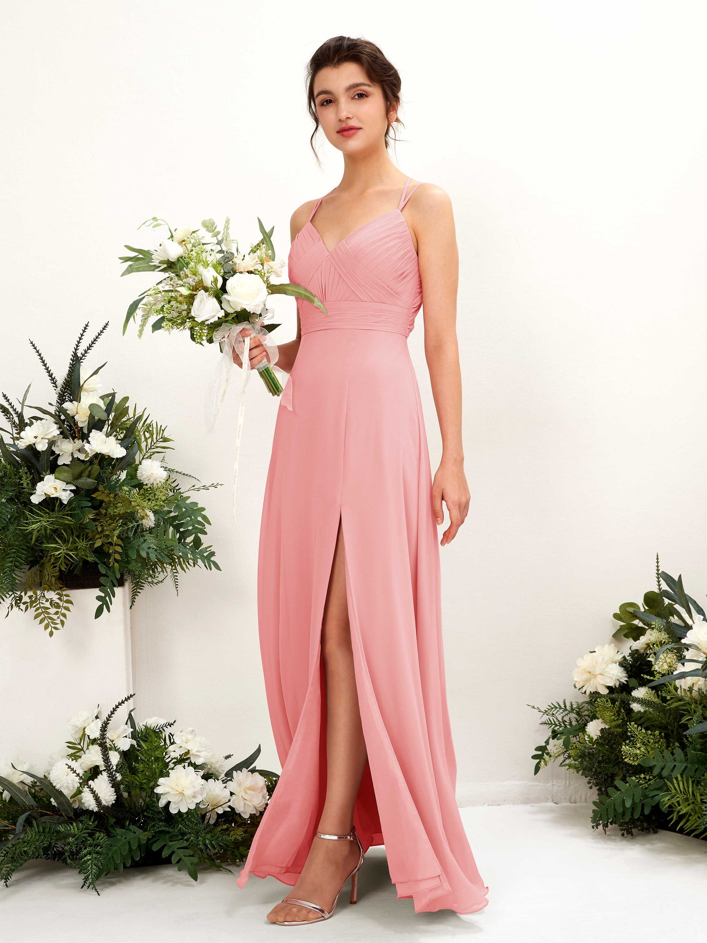 Carlyna Línea A Hasta el suelo Escote en V Cuello halter Vestidos de dama de honor Rosa Ballet #color_rosa-ballet