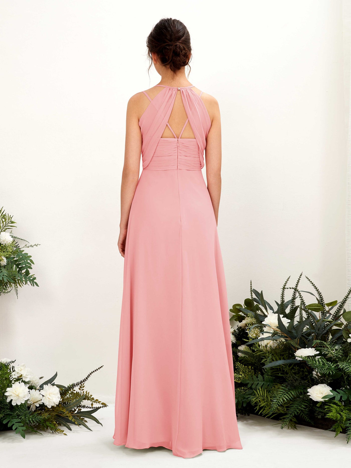 Carlyna Línea A Hasta el suelo Escote en V Cuello halter Vestidos de dama de honor Rosa Ballet #color_rosa-ballet