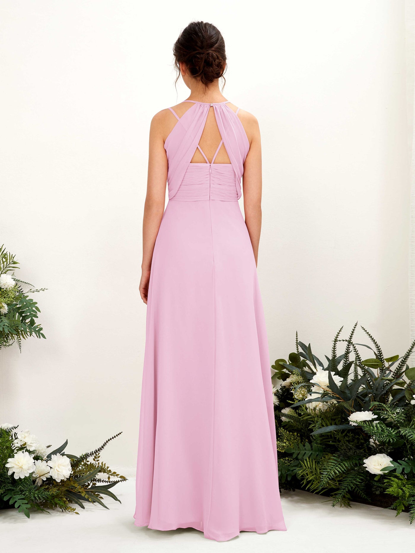 Carlyna Línea A Hasta el suelo Escote en V Cuello halter Vestidos de dama de honor Rosa Caramelo #color_rosa-caramelo
