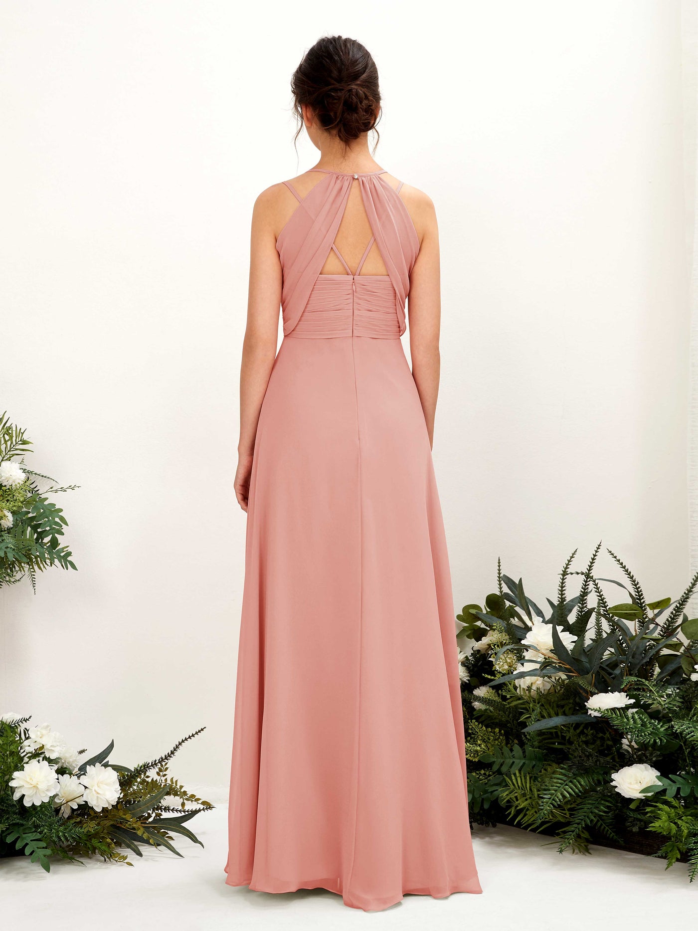 Carlyna Línea A Hasta el suelo Escote en V Cuello halter Vestidos de dama de honor Rosa Champán #color_rosa-champ-n