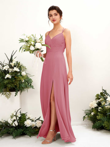 Carlyna Línea A Hasta el suelo Escote en V Cuello halter Vestidos de dama de honor Rosa Del Desierto #color_rosa-del-desierto