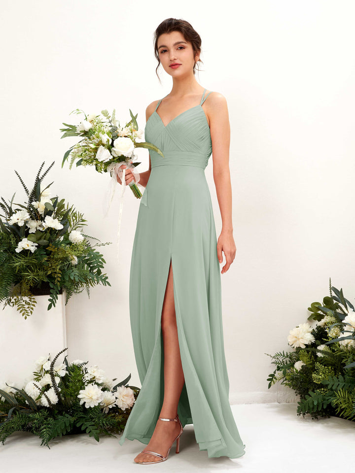 Carlyna Línea A Hasta el suelo Escote en V Cuello halter Vestidos de dama de honor Verde Salvia 