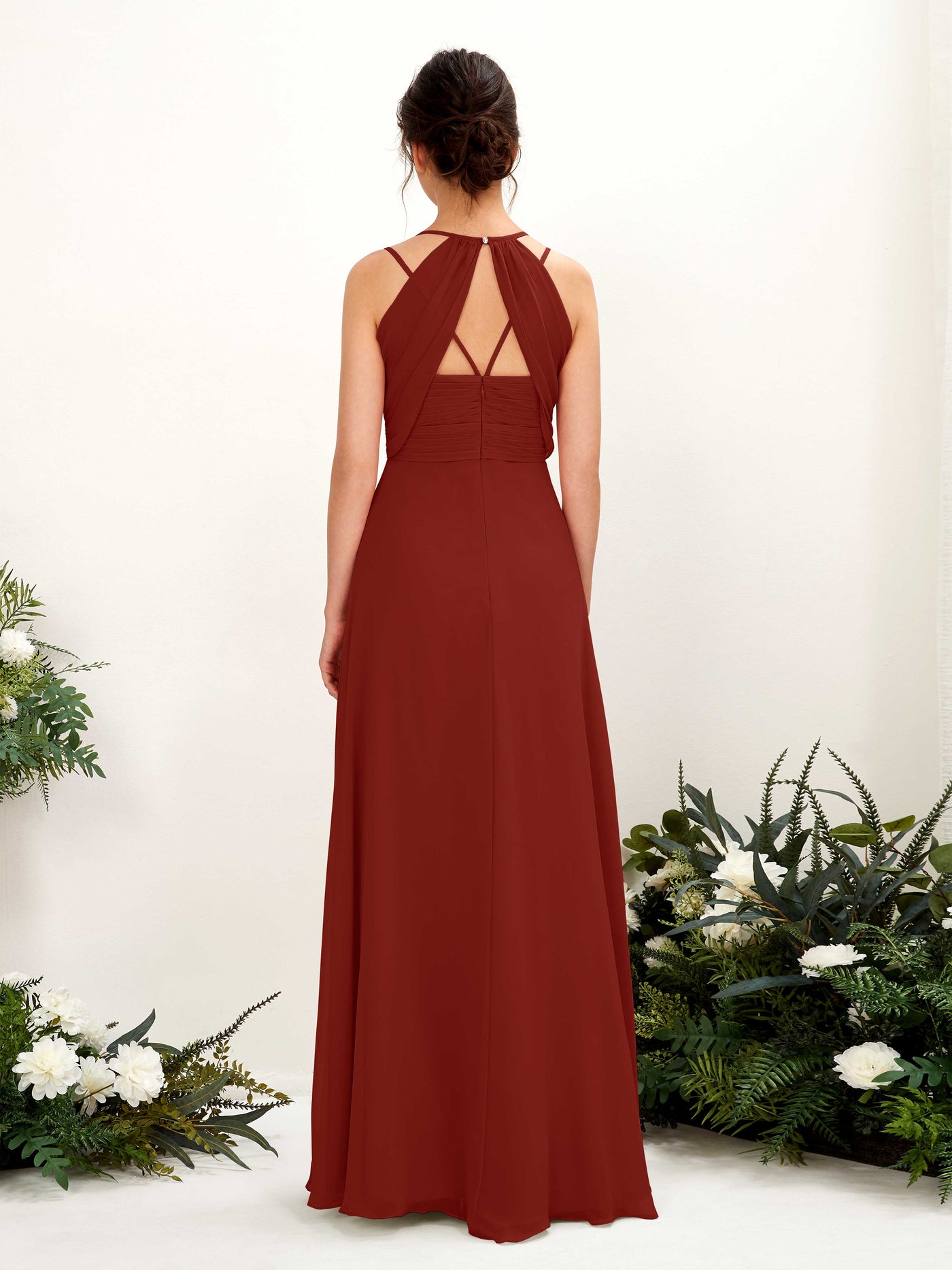 Carlyna Línea A Hasta el suelo Escote en V Cuello halter Vestidos de dama de honor Óxido #color_xido