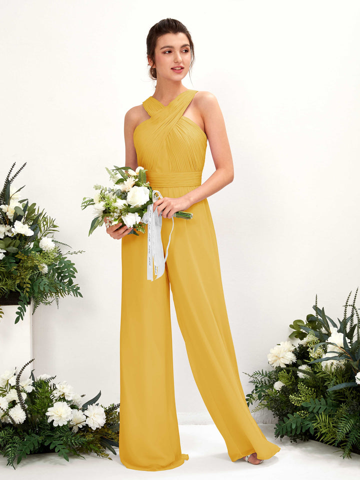 Carlyna Mono Escote cruzado Hasta el suelo Gasa fruncido Vestidos de dama de honor Amarillo Mostaza 