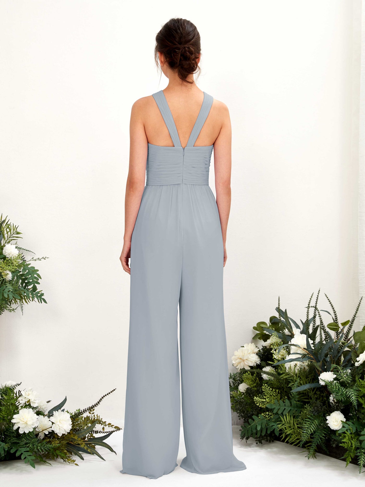 Carlyna Mono Escote cruzado Hasta el suelo Gasa fruncido Vestidos de dama de honor Azul Empolvado Mejorado #color_azul-empolvado-mejorado