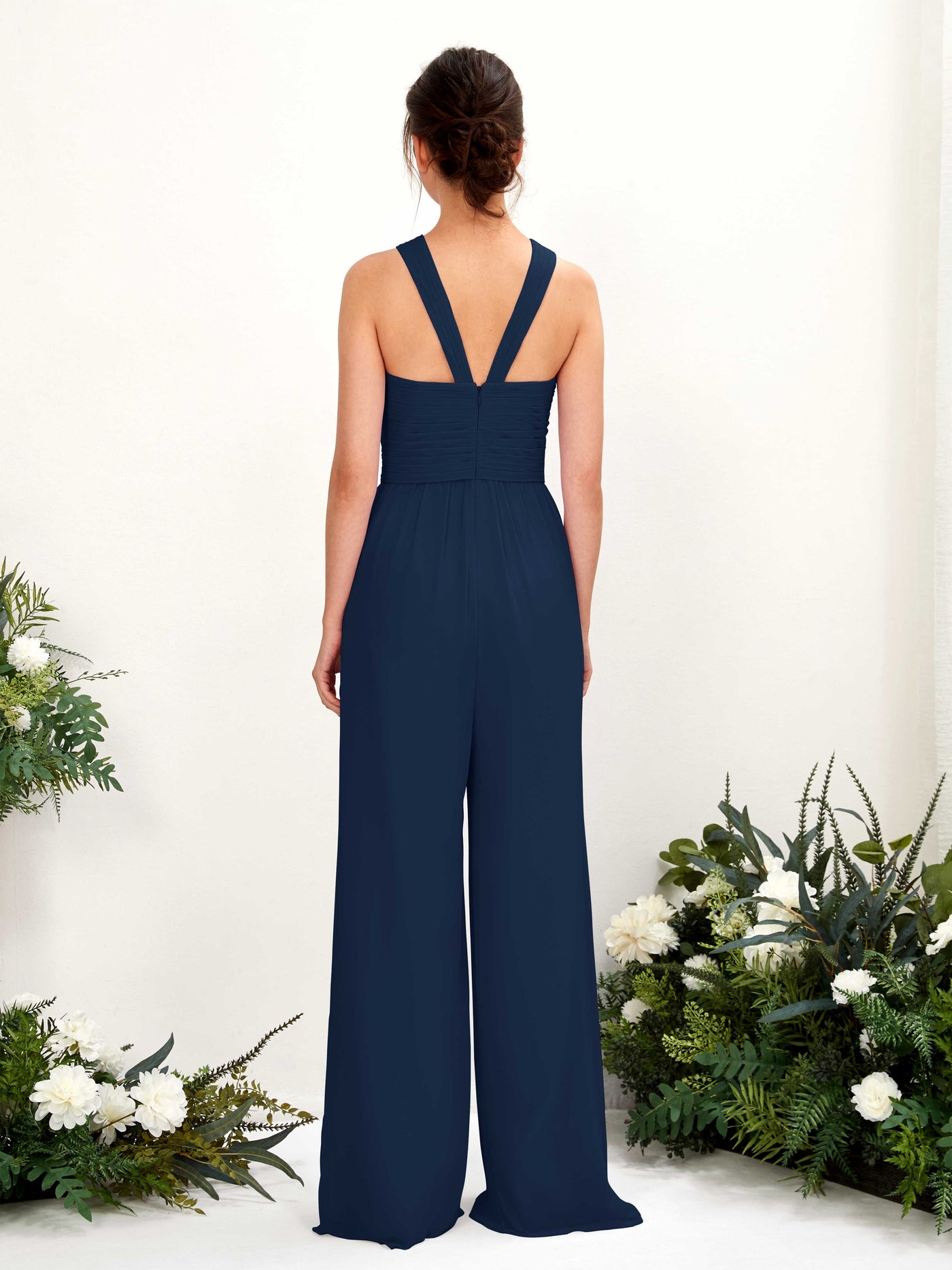 Carlyna Mono Escote cruzado Hasta el suelo Gasa fruncido Vestidos de dama de honor Azul Marino #color_azul-marino