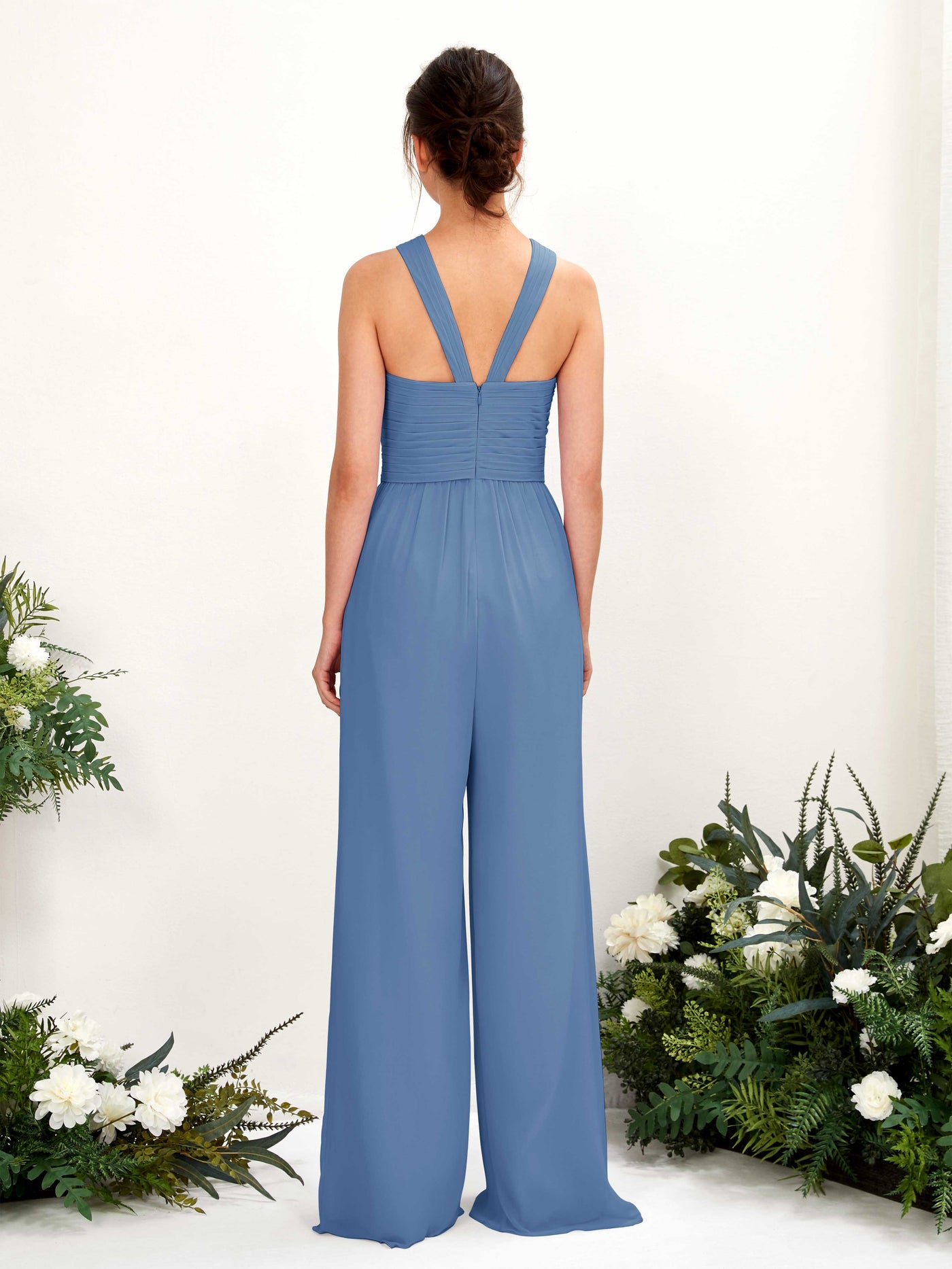 Carlyna Mono Escote cruzado Hasta el suelo Gasa fruncido Vestidos de dama de honor Azul polvoriento #color_azul-polvoriento