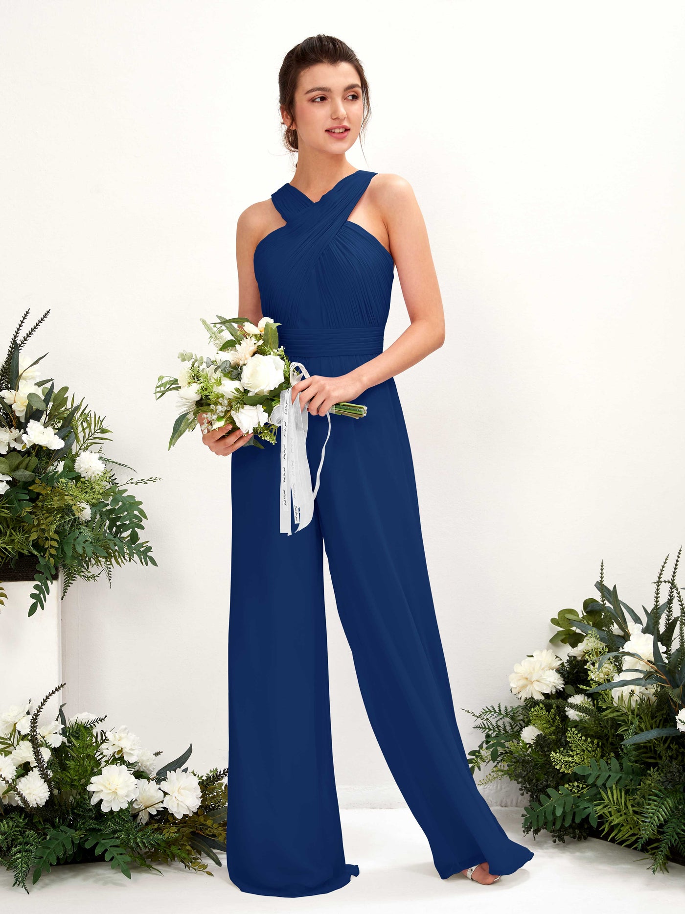 Carlyna Mono Escote cruzado Hasta el suelo Gasa fruncido Vestidos de dama de honor Azul Real #color_azul-real