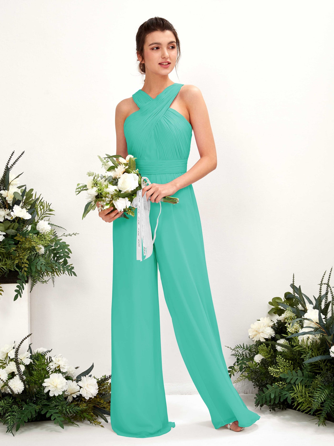Carlyna Mono Escote cruzado Hasta el suelo Gasa fruncido Vestidos de dama de honor Azul Tiffany #color_azul-tiffany