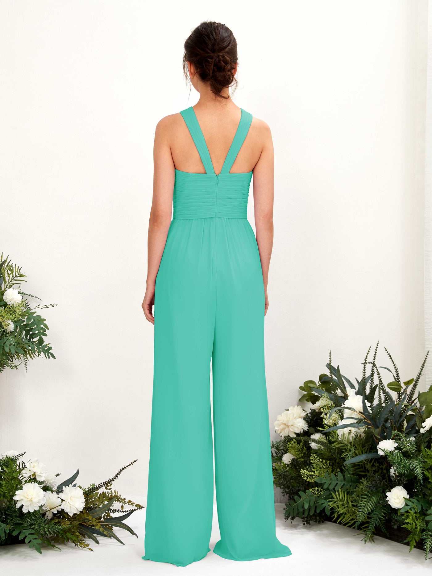 Carlyna Mono Escote cruzado Hasta el suelo Gasa fruncido Vestidos de dama de honor Azul Tiffany #color_azul-tiffany