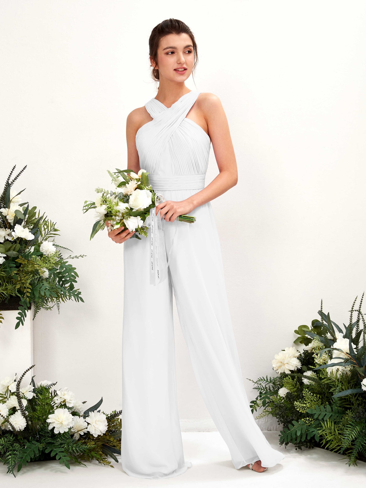 Carlyna Mono Escote cruzado Hasta el suelo Gasa fruncido Vestidos de dama de honor Blanco #color_blanco