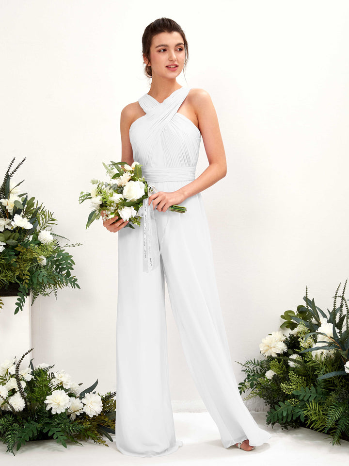 Carlyna Mono Escote cruzado Hasta el suelo Gasa fruncido Vestidos de dama de honor Blanco 