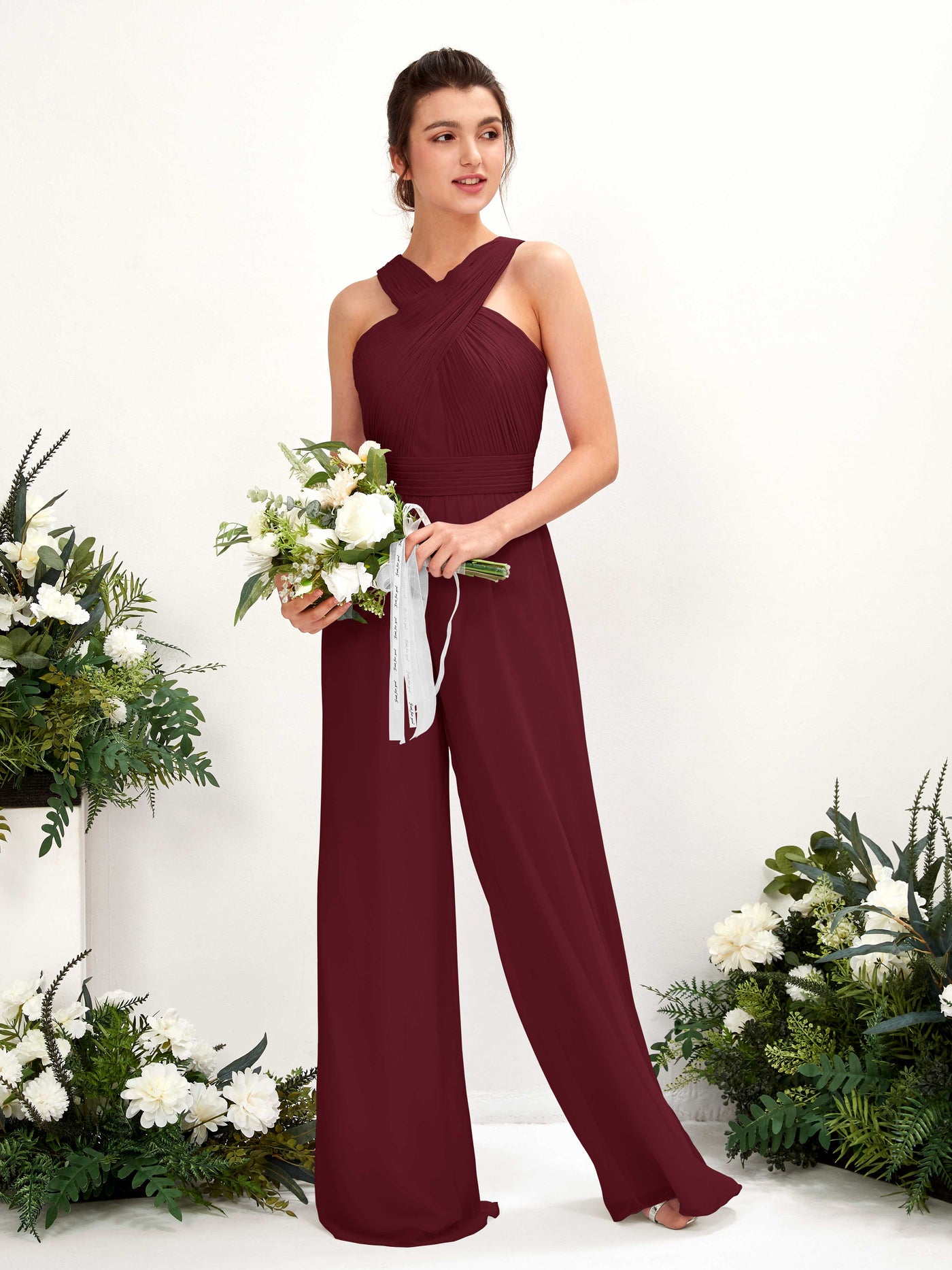 Carlyna Mono Escote cruzado Hasta el suelo Gasa fruncido Vestidos de dama de honor Borgoña #color_borgo-a
