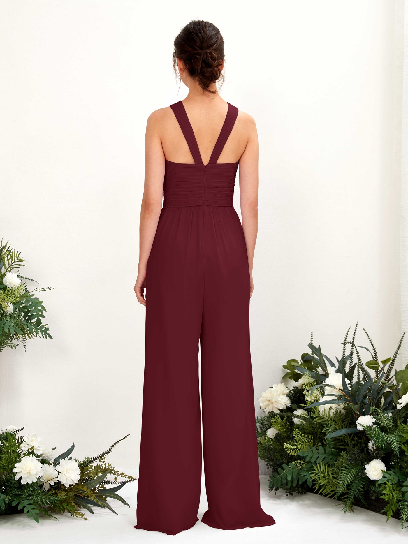 Carlyna Mono Escote cruzado Hasta el suelo Gasa fruncido Vestidos de dama de honor Borgoña #color_borgo-a