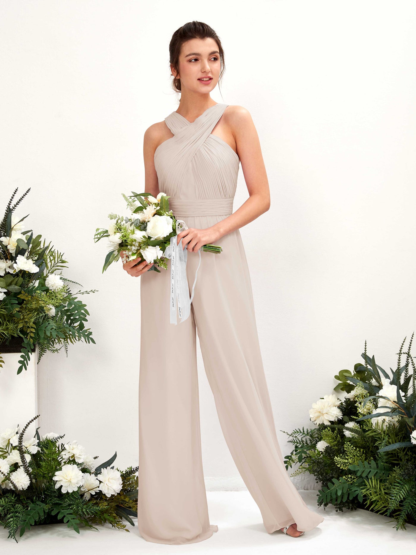 Carlyna Mono Escote cruzado Hasta el suelo Gasa fruncido Vestidos de dama de honor Champán #color_champ-n