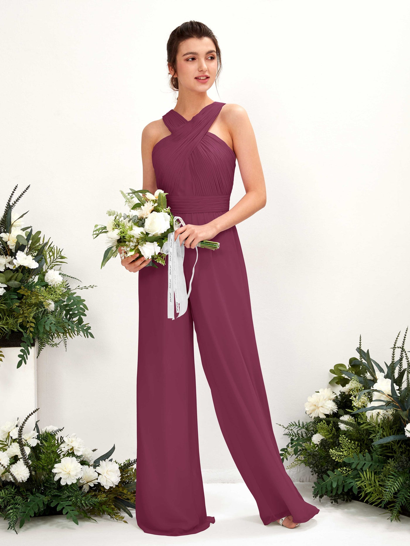 Carlyna Mono Escote cruzado Hasta el suelo Gasa fruncido Vestidos de dama de honor Chianti #color_chianti