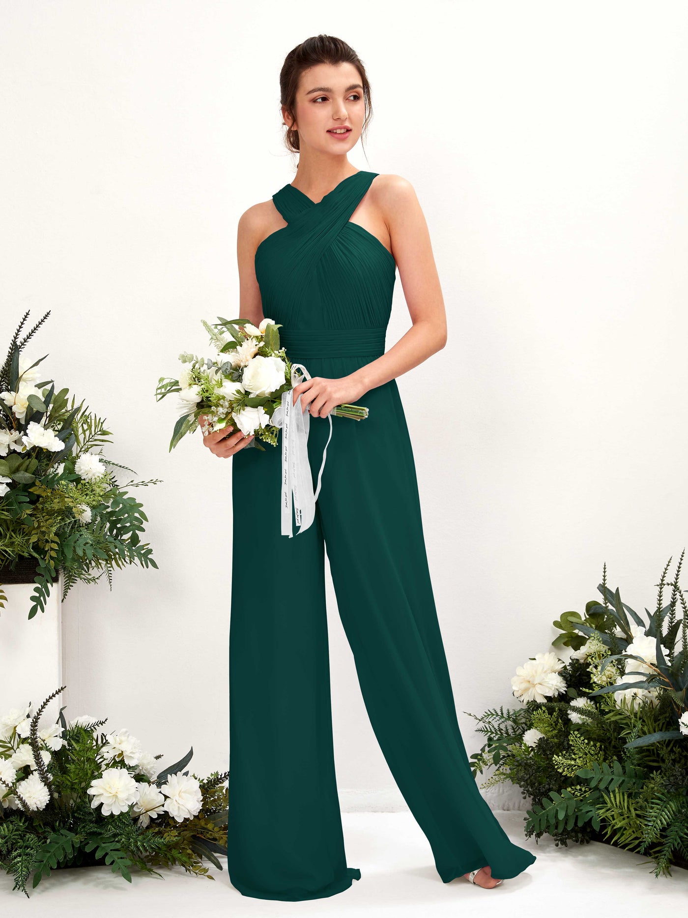 Carlyna Mono Escote cruzado Hasta el suelo Gasa fruncido Vestidos de dama de honor Esmeralda Oscuro #color_esmeralda-oscuro