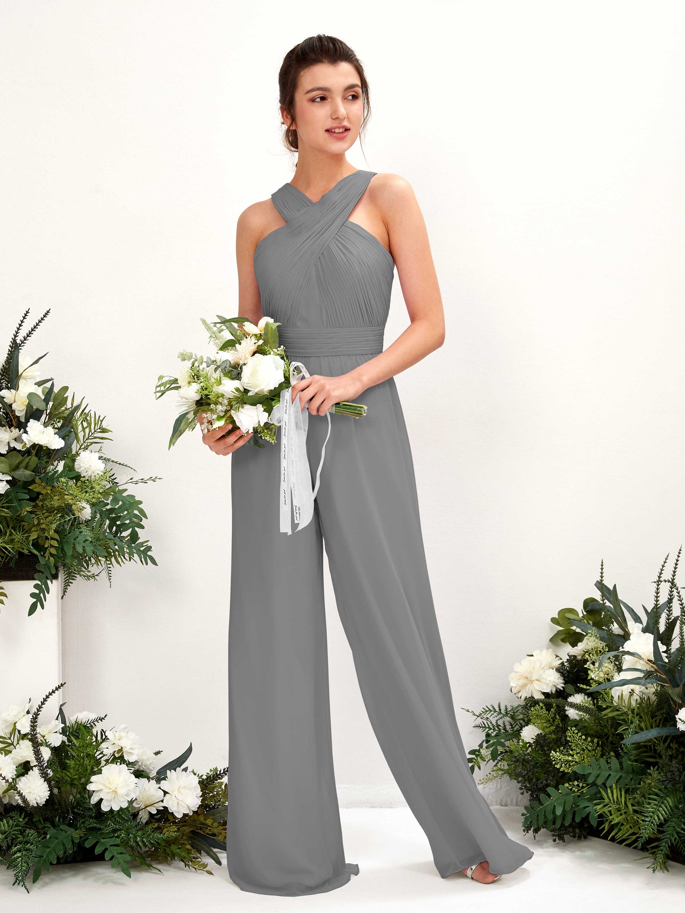 Carlyna Mono Escote cruzado Hasta el suelo Gasa fruncido Vestidos de dama de honor Gris Acero #color_gris-acero