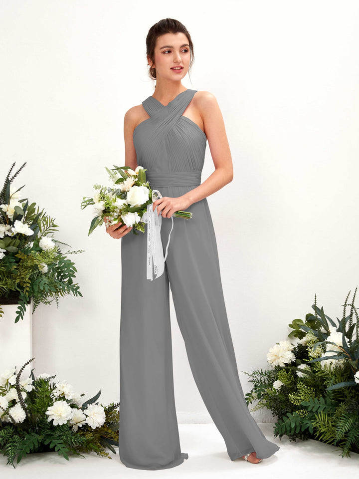 Carlyna Mono Escote cruzado Hasta el suelo Gasa fruncido Vestidos de dama de honor Gris Acero 