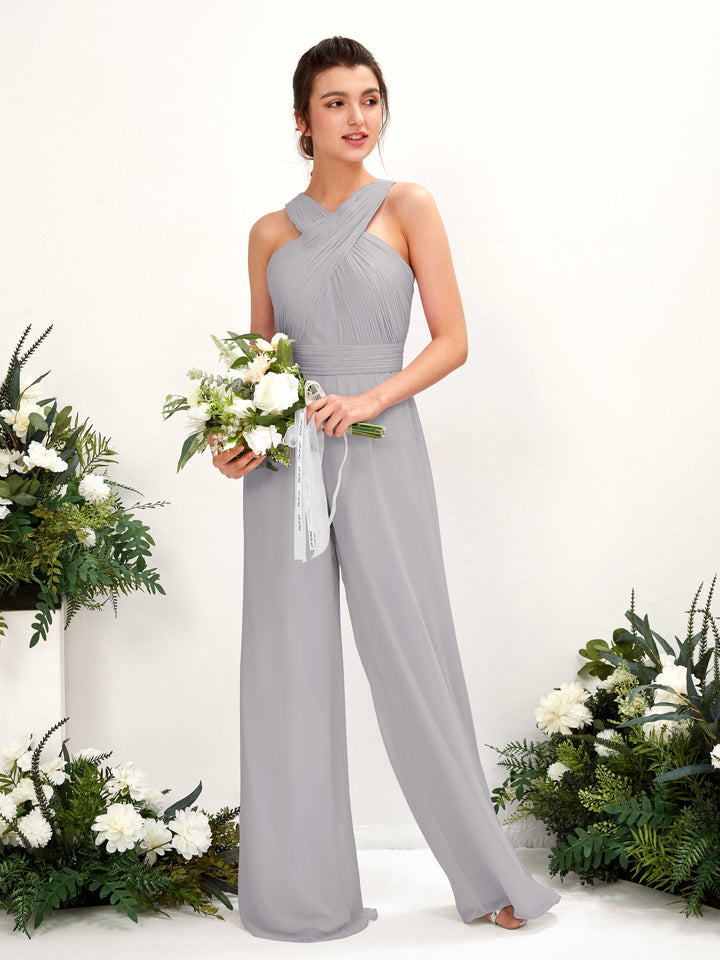 Carlyna Mono Escote cruzado Hasta el suelo Gasa fruncido Vestidos de dama de honor Gris Paloma 