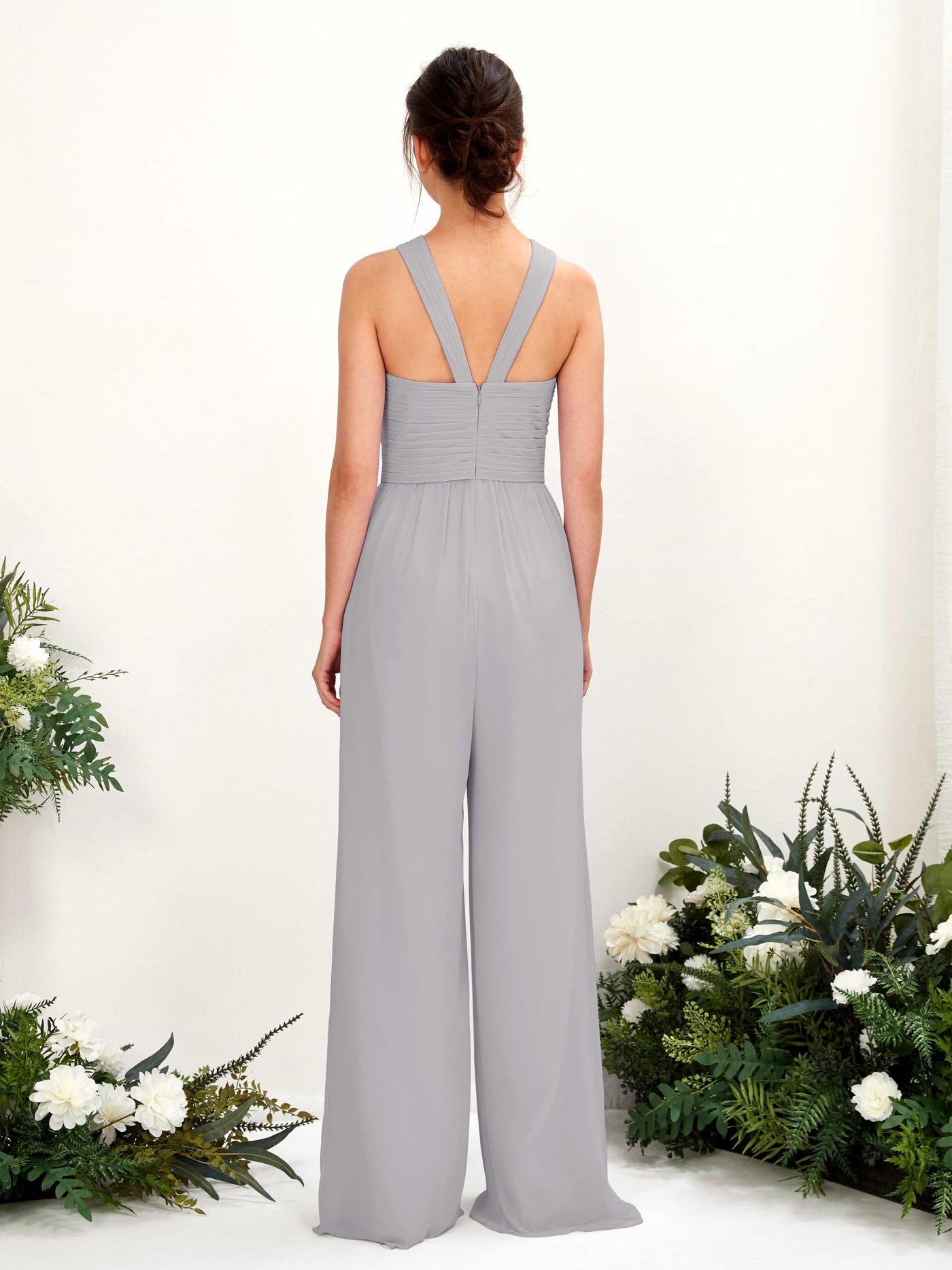 Carlyna Mono Escote cruzado Hasta el suelo Gasa fruncido Vestidos de dama de honor Gris Paloma #color_gris-paloma