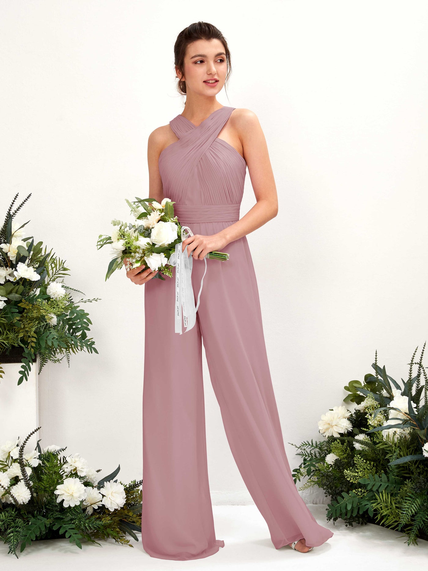 Carlyna Mono Escote cruzado Hasta el suelo Gasa fruncido Vestidos de dama de honor Malva Clásico #color_malva-cl-sico