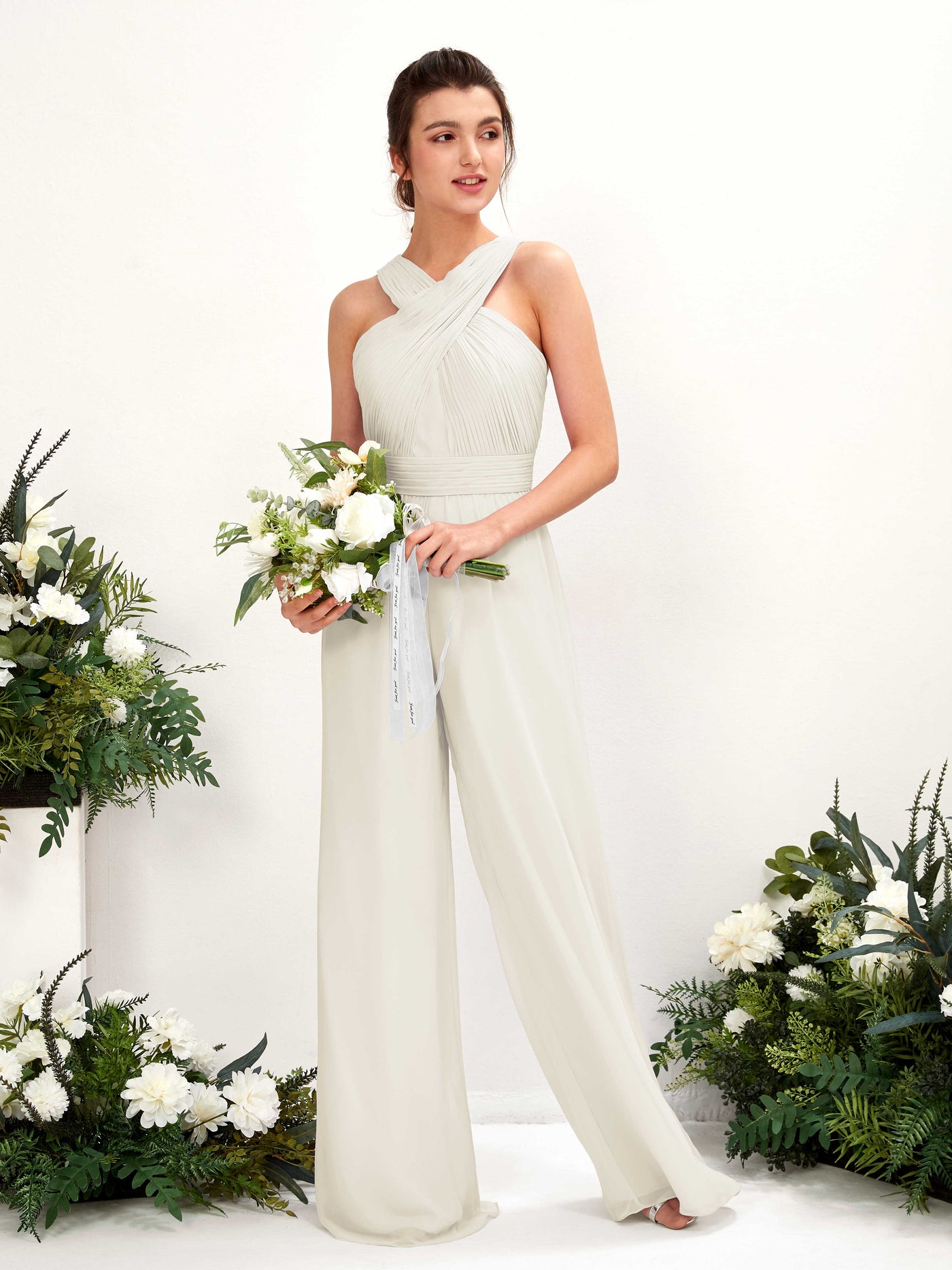 Carlyna Mono Escote cruzado Hasta el suelo Gasa fruncido Vestidos de dama de honor Marfil #color_marfil