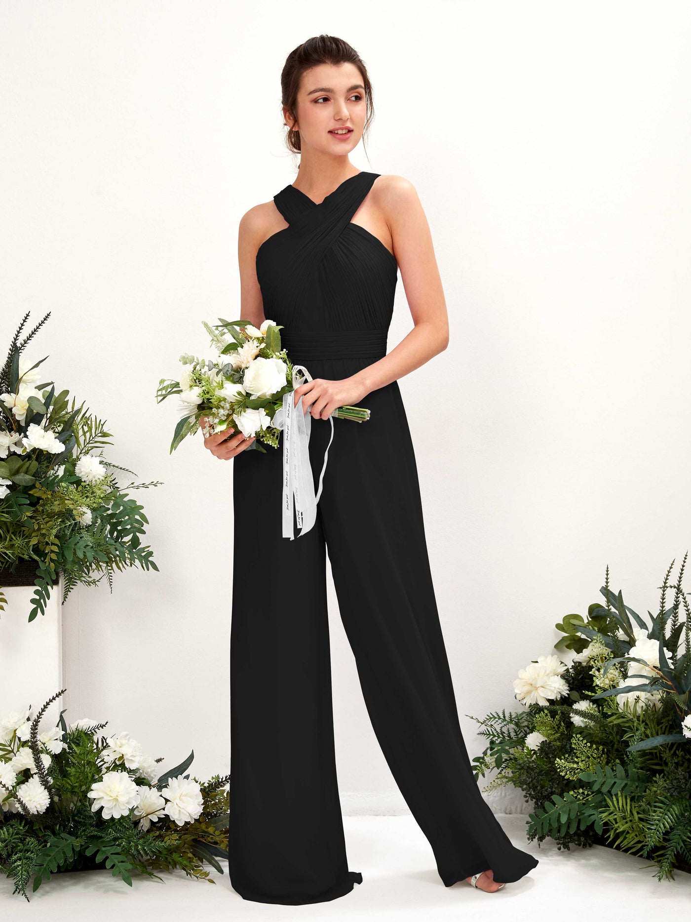 Carlyna Mono Escote cruzado Hasta el suelo Gasa fruncido Vestidos de dama de honor Negro #color_negro